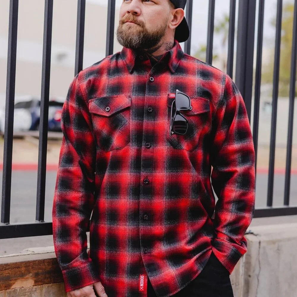 Dixxon Fairview Red Black Plaid Flannel Long Sleeve Shirt - Picture 4 of 10